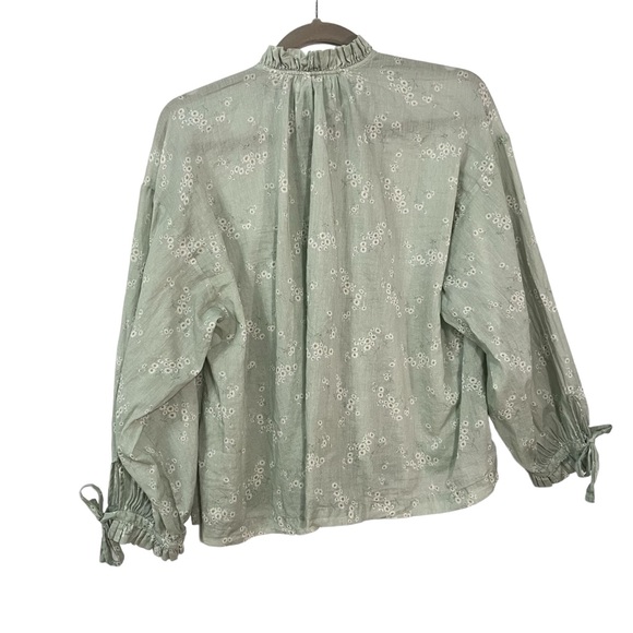 Doen blouse XS womens Green floral Cotton Lightweight top Ruffle Long tie sleeve - Picture 2 of 7